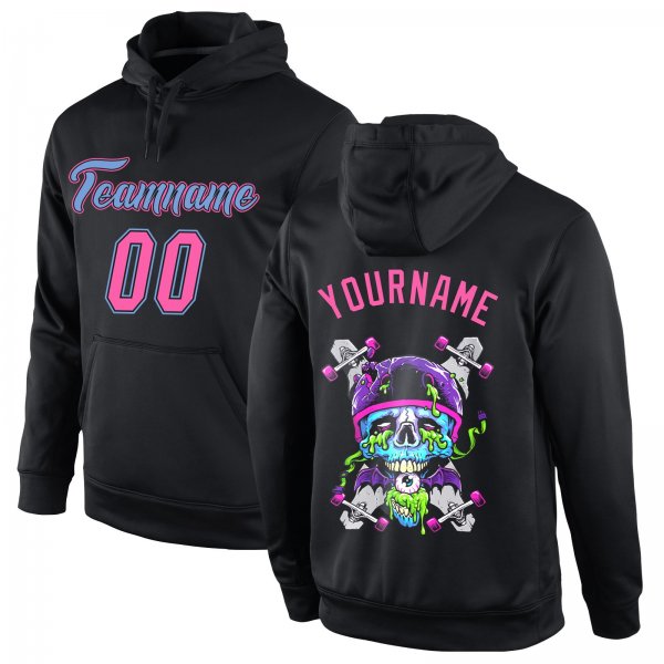 Men's Custom Stitched Black Pink-Light Blue Skull Fashion Sports Pullover Sweatshirt Hoodie