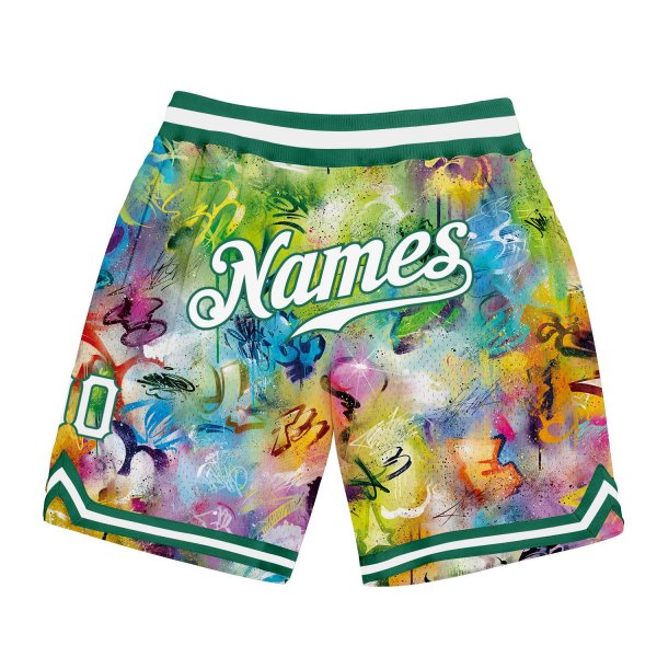 Men's Custom Scratch Graffiti Pattern White-Kelly Green 3D Authentic Basketball Shorts