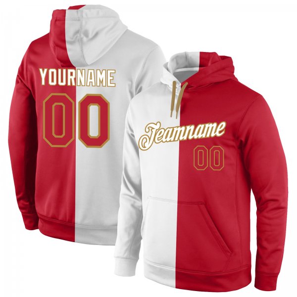 Men's Custom Stitched White Red-Old Gold Split Fashion Sports Pullover Sweatshirt Hoodie